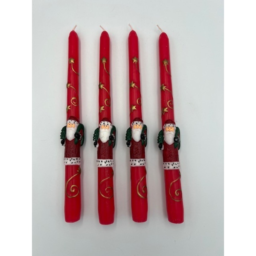 Set of 4 Red Santa Claus Taper Candles Gold Star Swirl 10 Inch Christmas Decor